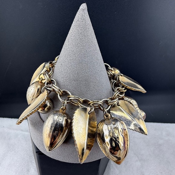 Estate Jewelry - Vintage Nut Charm Bracelet Gold Tone 6.5"